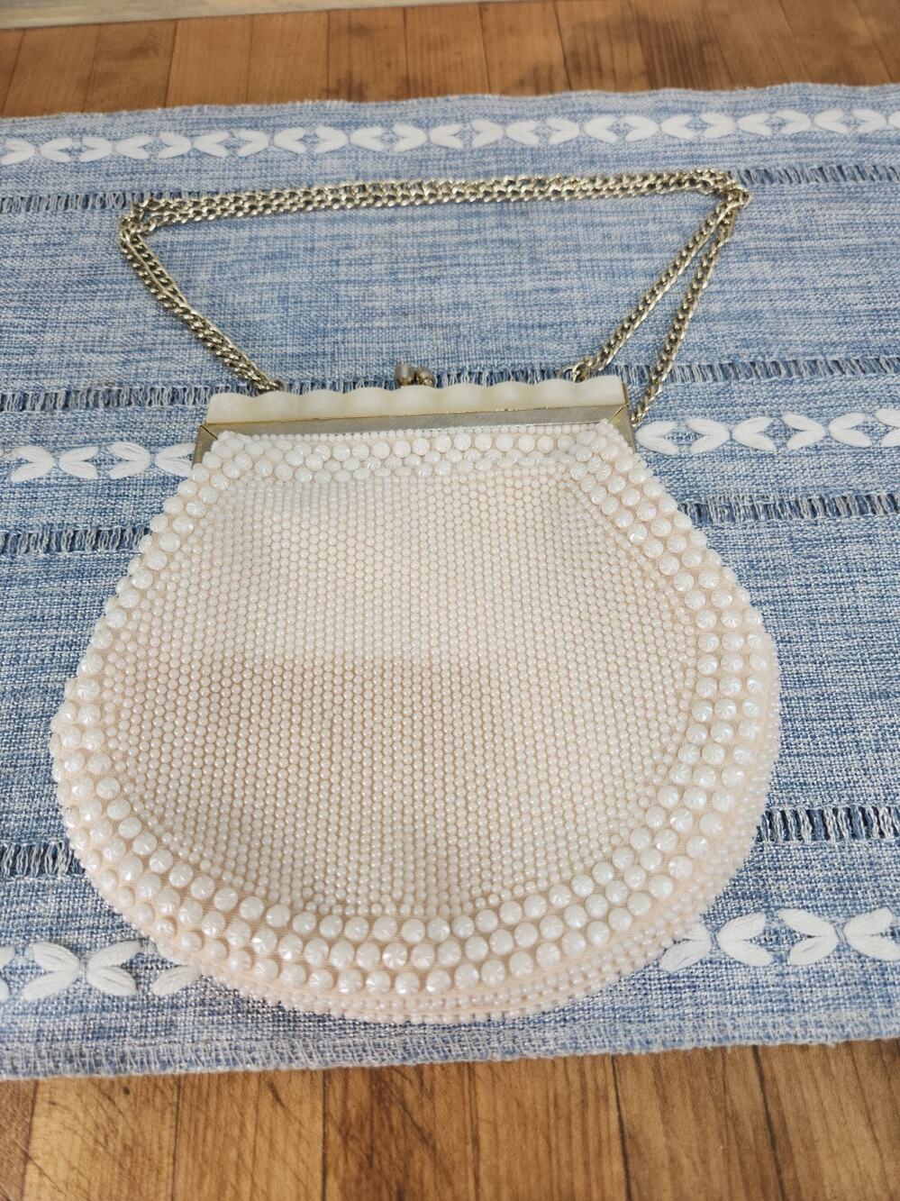 Vintage Fine Arts Bag Ivory Beaded Evening Purse 1960s Chain Bridal Clutch